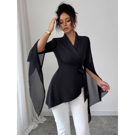 Women's French-Style Asymmetric Blouse - Chiffon Semi-Sheer Shirt Jacket with Short Sleeve, Machine Washable Elegant Tops for Spring/Fall Layering (Solid Color) - Wardrobe Essential for Dresses & Jeans