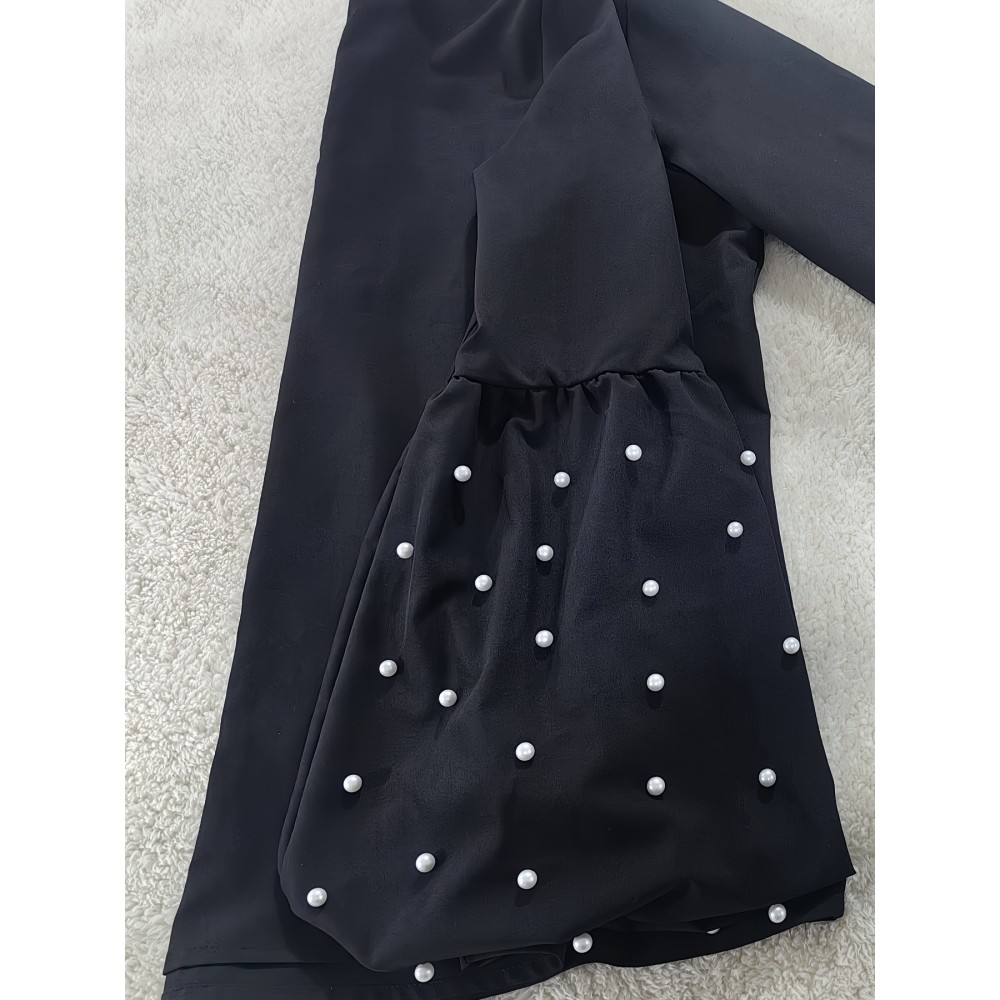 Pearl Detail Chic High Neck Long Sleeve Shirt - Polyester-Spandex Blend, Solid Color, Regular Fit, Woven Fabric, Ideal for Spring/Fall - Women'S Fashion