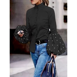 Pearl Detail Chic High Neck Long Sleeve Shirt - Polyester-Spandex Blend, Solid Color, Regular Fit, Woven Fabric, Ideal for Spring/Fall - Women'S Fashion