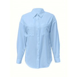 [Casual Button-Up Shirt] Relaxed Fit Women's Casual Long Sleeve Button-Up Shirt | Solid Color, 3/4 Sleeve Design with Chest Pocket, Versatile All-Season Top for Casual Attire