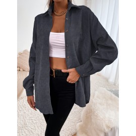1pc Elegant Solid Color Corduroy Drop Shoulder Long Sleeve Shirt for Women, Polyester, Button-Up Front, Spring/Autumn Season, Adult Casual Loose Fit Top