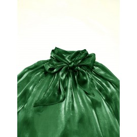 [Laceup Detailing Retro Fashion] Vintage Elegant Women's Blouse - Long Sleeve High Neck Shirt with Tie-Front Detail, All-Season Formal & Everyday Blouse for Office, Parties, Casual Outfits - Women's Clothing, Party Attire, Laceup Detailing, Office Attire, Retro Fashion