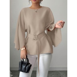 2pcs Women'S French Style Round Neck Batwing Sleeve Blouse with Waist Tie - Elegant Solid & Tunic Shirts, All-Season Layering Tops for Casual & Formal, Versatile Clothing, Classic Design, Stylish Shirt, Fashion Lovers, Office Wear