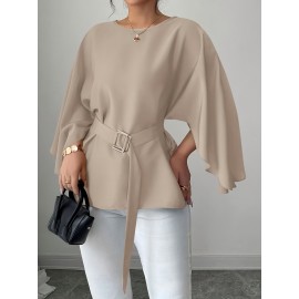 2pcs Women'S French Style Round Neck Batwing Sleeve Blouse with Waist Tie - Elegant Solid & Tunic Shirts, All-Season Layering Tops for Casual & Formal, Versatile Clothing, Classic Design, Stylish Shirt, Fashion Lovers, Office Wear