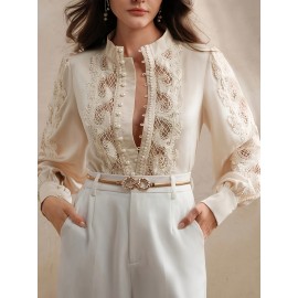 Women's Elegant Lace-Trimmed Semi-Sheer Long Sleeve Shirt - Stand Collar Button-Up Blouse with Chest Pockets, Lightweight 3-Season Top for Spring Summer Fall, Machine Washable, Casual Chic Wear, Sophisticated Detailing