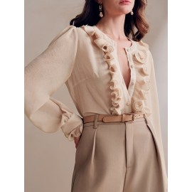 Women'S French-Inspired Elegant Long Sleeve Shirt with Ruffled Cuffs - Round Neck Pleated Design, Lightweight Beige Blouse for Spring Summer Fall, Versatile for Valentine'S Day, Vacation & Business Casual Outfits, Vacation Clothing, Soft Texture Top