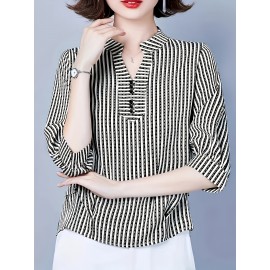 [Breathable Black & White] Elegant Women's Loose V-Neck Shirt With 3/4 Sleeves And An Asymmetrical Hem, Breathable Black And White Stripes For Spring, Summer, And Autumn