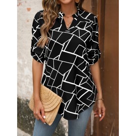 1pc Elegant Women'S Geometric-Patterned V-Neck Half Sleeve Shirt - Polyester Woven Pullover with Regular Fit for Spring/Summer/Fall