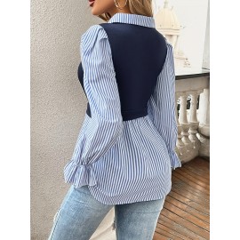 Striped Print Color Block Splicing Blouse, Elegant Long Sleeve Single Breasted Blouse For Spring & Fall, Women's Clothing