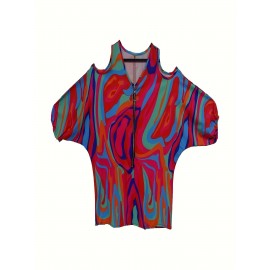 Ladies' printed off shoulder V-neck zipper lantern top T-shirt