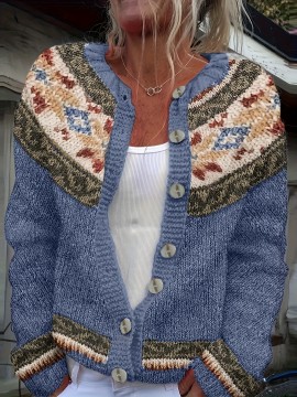 Women's Retro Elegant Geometric Pattern Cardigan Sweater - Blue Brown Beige White Contrast Trim, Round Neck Long Sleeve Button Front Closure, All-Season Machine Washable Sweater for Casual & Formal Outfits, Sweaters Cardigan for Women, Cardigan with Design, Womens Cardigans, Cute Sweater, Winter Cardigan for Women High Quality