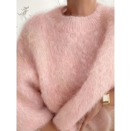Women'S Soft Plush Sweater - Thick Winter Pullover Sweater, Cozy Sweater for Fall/Winter, Everyday & Formal Outfits - Women'S Sweater for Women - Elegant Sweater, Winter Sweater, Fall Fashion, Round Neckline, Stylish Knitwear, Fashion Lovers