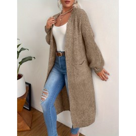 Fashionable Women's Fleece long coat, elegant Women's versatile cardigan, double pocket solid color long sleeved autumn and winter style