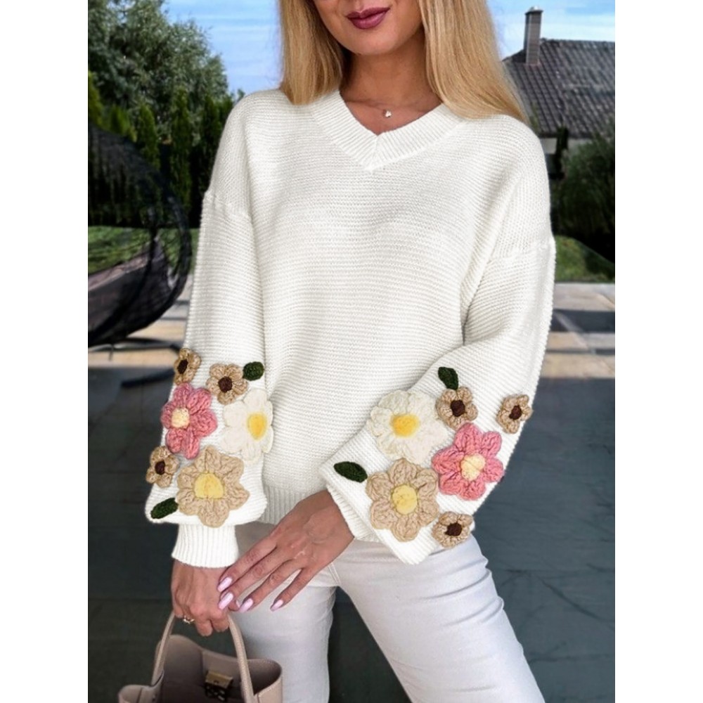 V-Neck Color Block Three-Dimensional Lantern Sleeve Versatile Pullover Top