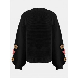 V-Neck Color Block Three-Dimensional Lantern Sleeve Versatile Pullover Top