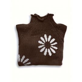 Women'S Elegant Floral Sweater - Long Sleeve High Neck Pullover with Brown & Flower Pattern, All-Season Layering Top for Everyday & Formal Outfits - Women'S