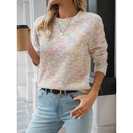 Women's Rainbow Striped Sweater - Pastel Color Block Design, Soft Round Neck Pullover, Hand Washable All-Season Casual Top, Cute Sweaters, Durable Fabric