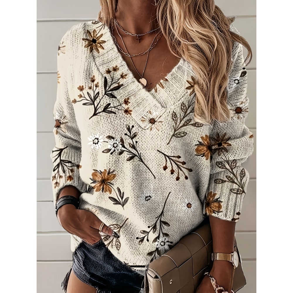 Women's 3D Floral Print V-Neck Sweater - Fashion All-Over Brown & Beige Floral Pattern, Soft All-Season Versatile Casual & Formal Wear, Cute Sweater, Formal Attire, Vneck Design, Detailed Knitwear, Everyday Outfit, Highquality Material, Trendy Women