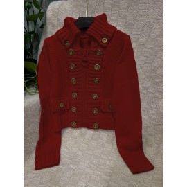 Multi-button decorated large zipper stand-up collar slim-fit cardigan