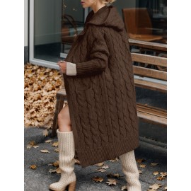 Brown Women's Oversized Hooded Cardigan Sweater with Pockets - Thick Winter Warmth, Mid-Stretch Comfort, Elegant Longline Coat for Fall & Winter, Casual to Semi-Formal Outfits