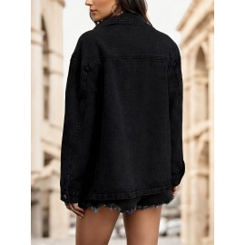 Women'S Plus Size Solid Color Lapel Button With Pocket Denim Jacket, Autumn And Winter Casual Sportswear