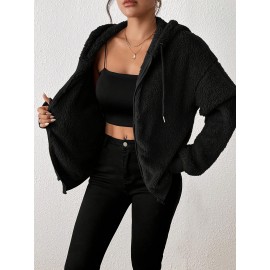 Plus Size Women's Winter Hooded Zip Jacket - Solid Color Sporty College Style Sweatcoat with Hood, Thick Warm Outerwear for Cold Weather, Gym, Skiing & Casual Attire (Machine Washable)