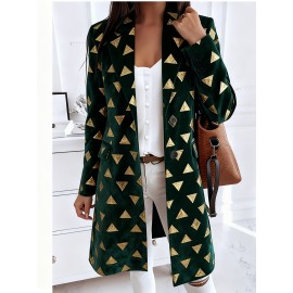 Plus-Size Women's Oversized Collar Button-Front Jacket - Winter-Ready Green & Golden Triangle Print Coat, Machine-Washable Casual to Formal Outerwear with Pockets, Wrinkle-Resistant Layering Piece (No Transparency)