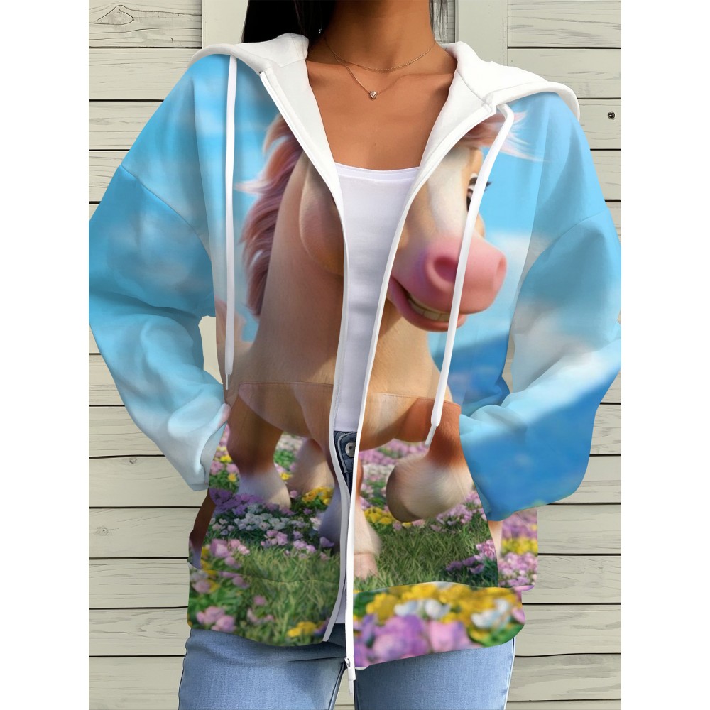 Women's Cute Horse & Flower Print Cardigan Jacket - Soft Slim-Fit Winter Coat with Hood-like Collar, Long Sleeve Blazer for Fall & Winter, Machine Washable Sweater (No Belt) - Equestrian-Themed Outerwear