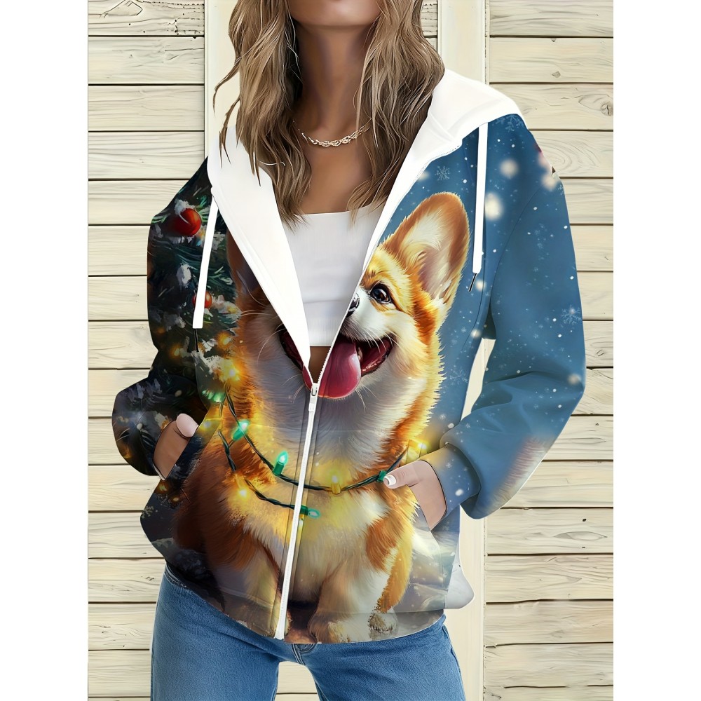 Women'S Plus Size 3D Corgi Christmas Hooded Jacket - Full-Body Printed Cozy Zip-Up Winter Coat with Corgi Face & Paw Print Design, Warm Casual Sweater for Pet Lovers, Holiday Outfit Gift for Corgi Owners (Autumn/Winter) - Long Sleeve Hoodie with Fro