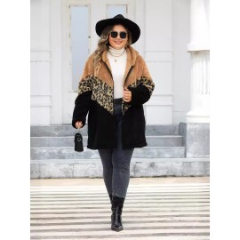 Women'S Plus-Size Leopard Print Hooded Jacket - Full-Zip Winter Coat with Full-Length Zipper, Warm Casual Outerwear, Cozy Fall & Winter Jacket for Everyday Outfits, Parties & Travel | Stylish & Comfortable Animal Print Outerwear