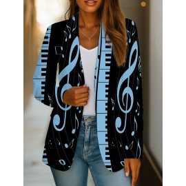 Plus Size - Women'S Musical Notes & Piano Keys Printed Suit Jacket - V-Neck Single Button Slim Fit Blazer, Black with Blue Musical Notes, All-Season Office & Casual Wear, Elegant Music-Themed Professional Apparel, Musicthemed Clothing, Durable Fabric