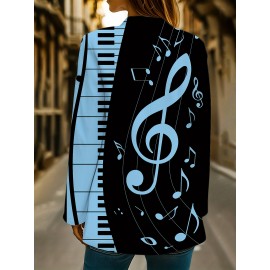 Plus Size - Women'S Musical Notes & Piano Keys Printed Suit Jacket - V-Neck Single Button Slim Fit Blazer, Black with Blue Musical Notes, All-Season Office & Casual Wear, Elegant Music-Themed Professional Apparel, Musicthemed Clothing, Durable Fabric