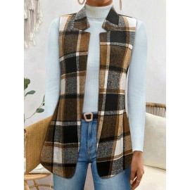 Plus Size - Plus Size, Women'S Plus Size Sleeveless Stand Collar Blazer - Elegant Plaid Print (Green/Black/White) H-Line Silhouette, Structured Lapel Collar & Open Front Closure, Long Length for Office Commute & Casual Outfits, Autumn Winter Outerwear, Versatile Tailored Fit, Workwear Essential, Highquality Stitching, Quality Tailoring