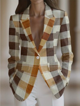 Plus Size - Plus Size Women'S H-Line Structured Blazer Jacket - Elegant Plaid Print (Brown/Beige/Tan/White) Long Sleeve Tailored Coat with Pockets, Machine Washable, Single-Button Closure for Office, Party & Semi-Formal Attire - Spring/Fall Outerwear, Versatile Casual to Professional Wear, Jackets for Women Plus Size, Plus Size Womens Coats And Jackets, Blazer for Women Plus Size Elegant Classy, Coats for Women, Plus Size Coats, Cardigan For Women, Women Cardigan, Plus