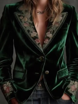 Plus Size, Women's Plus Size Christmas Suit Jacket - Elegant Collar Button- Coat, Long Sleeve Winter Holiday Party Wedding Attire, Machine Washable Festive Blazer