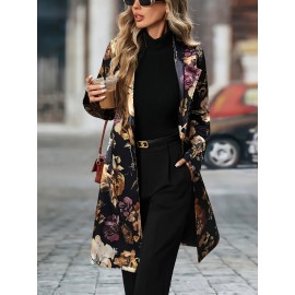 Plus Size - Plus Size Women'S Elegant Floral Print Blazer - Long Sleeve, Single-Breasted, Non-Stretch Fabric, Lapel Collar, Regular Fit, Fall/Winter Casual, Casual Wear Blazer | Floral Print Blazer | Nonstretch Fa