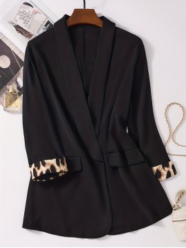 Plus Size, Black leopard print plus-size Women's suit jacket with spliced cuffs, elegant office attire for daily commuting