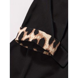 Plus Size, Black leopard print plus-size Women's suit jacket with spliced cuffs, elegant office attire for daily commuting