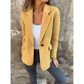 Plus Size, Women's Oversized Solid Color Tweed Lapel Jacket - Beige Brown Tailored Suit Coat with Fake Pocket, Machine Washable All-Season Casual & Formal Outerwear for Women (Large Size, Structured Fit, Button Front Closure, Relaxed Fit, Long Sleeves, Classic Collar, Versatile Casual Attire) - Elegant Tweed Fabric, Timeless Design, Suitable for Various Occasions, Easy Care, Sophisticated Look, Dress Jackets for Women Plus Size