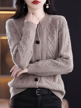 Women'S Elegant Long Sleeve Cardigan - Chic Button-Front Sweater Jacket, All-Season Layering Piece for Office, Party, Everyday - Easy-Care Women'S Outerwear in Neutral Colors (Beige, Brown, Black, Gray, Blue) - Elegant Sweater Coat, Cardigan Sweater, Party Attire, Textured Knitwear, Office Attire, Durable Material, Stylish Coat, Fashion Lovers