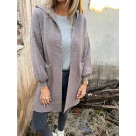 Women's Fleece Hooded Jacket - Elegant Casual Winter Coat with Full-Length Pockets, Machine Washable Outerwear in Black, Brown, Grey, Navy, or Beige - Cozy Fall & Winter Outerwear for Everyday or Formal Events