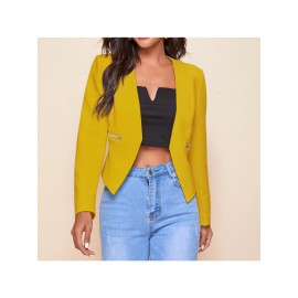 Plus Size, Women's Plus-Size Elegant Mustard-Yellow Blazer with Black Collar & Zipper Pockets - Structured Collar Long Sleeve Tailored Coat, All-Season Versatile Jacket for Casual, Business & Formal Wear - Machine Washable Tailored Fit (Vibrant Yellow) - Front Placket, Notched Collar, Zipper Closure, Solid Color, Suitable for Spring & Autumn, Mature Style, Suitable for Casual Attire, Plus Size Womens Blazer, Oversized Blazer For Women Plus Size,